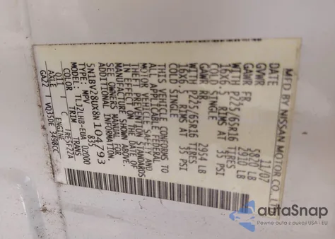 2008 Nissan Quest 3.5 S z USA, uszkodzony, nr VIN 5N1BV28UX8N104793